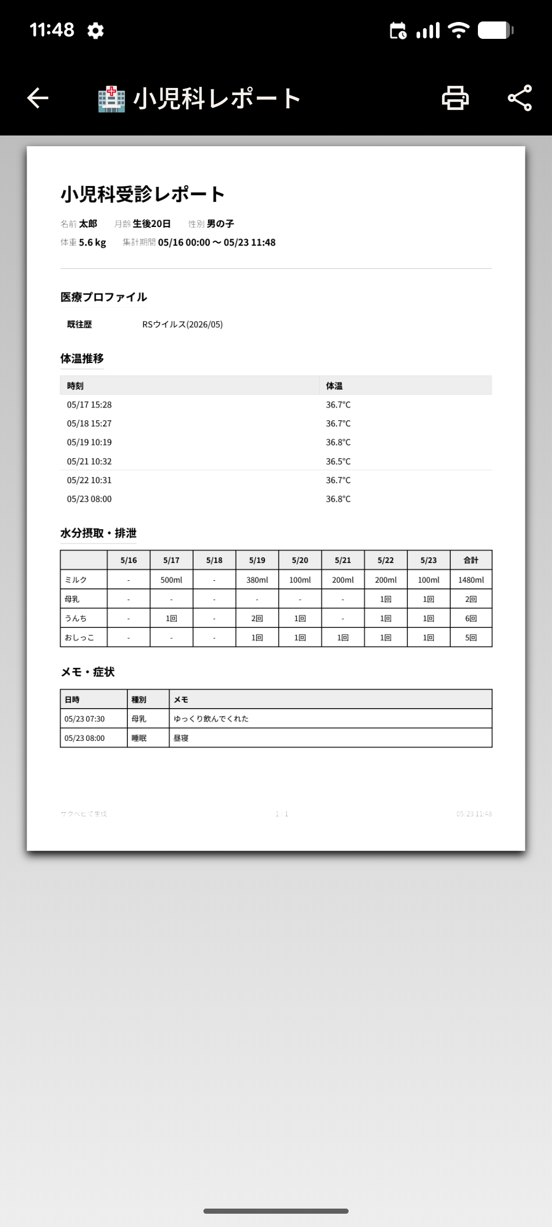 小児科受診レポート。体温推移、水分摂取・排泄の集計表が表示されている。